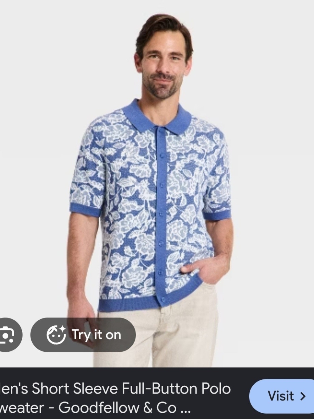 Goodfellow & Co Blue Floral Short-Sleeve Button Polo Sweater